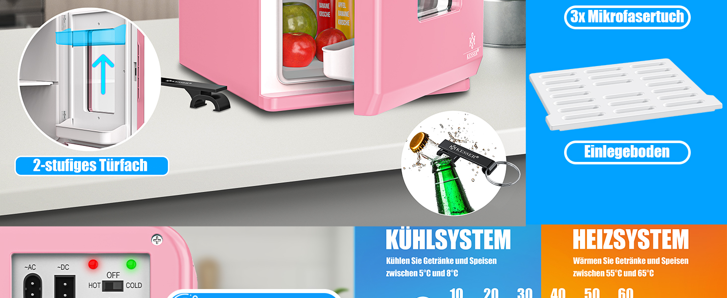 KESSER® Міні холодильник-термобокс 15L 2в1: охолодження та нагрівання, AC/DC, для авто, офісу, дому, кемпінгу (рожевий)