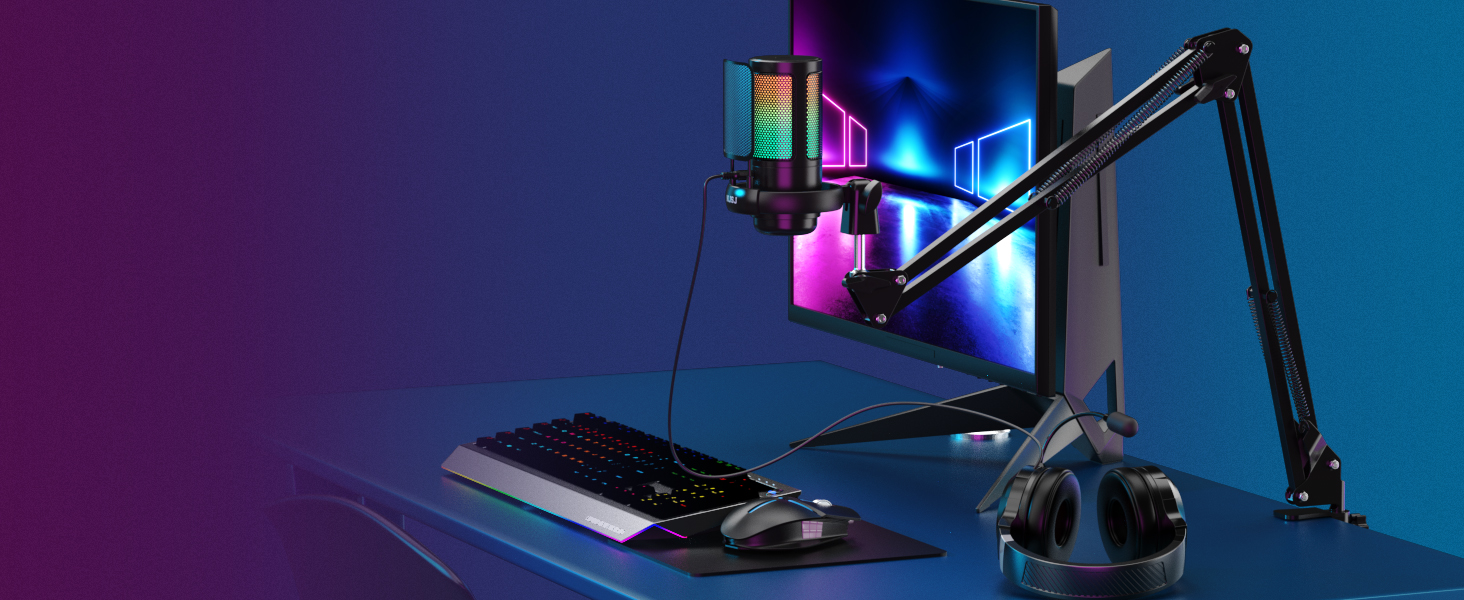 Мікрофон для комп'ютера NJSJ Gaming з тримачем, USB для PC, MAC, PS4/PS5: з кнопкою вимкнення звуку, навушниками, поп-фільтром, конденсаторний кардіоїдний для стрімінгу та подкастів (Чорний)
