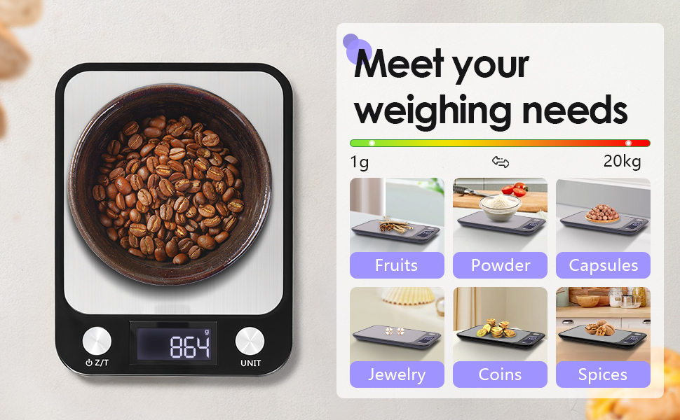 Кухонні ваги Muaket 1г/10кг з великою платформою 17,5x15см, електронні, з тарою, 7 одиниць вимірювання, для продуктів, овочів, фруктів