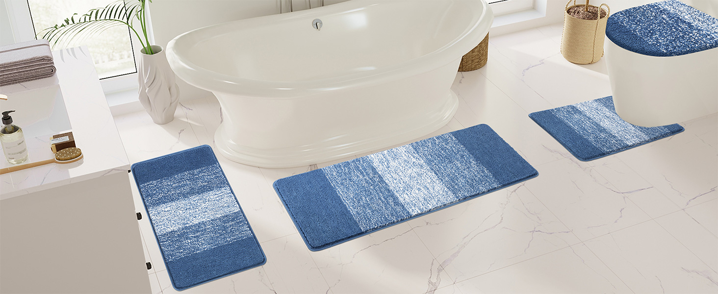 Enyhom 4-Piece Microfiber Bath Mat Set - Non-Slip Bathroom Rugs & Toilet Lid Cover (Blue, 45x65cm, 45x120cm, 50x60cm, 48x53cm)