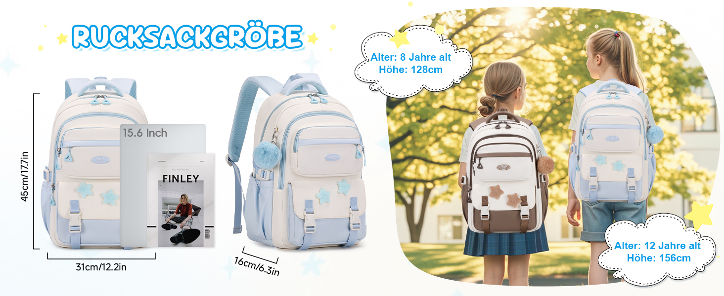 Дитячий рюкзак для школи 3-5 клас, великий рюкзак з помпоном та зірочками, легкий рюкзак-тележка для підлітків, блакитний