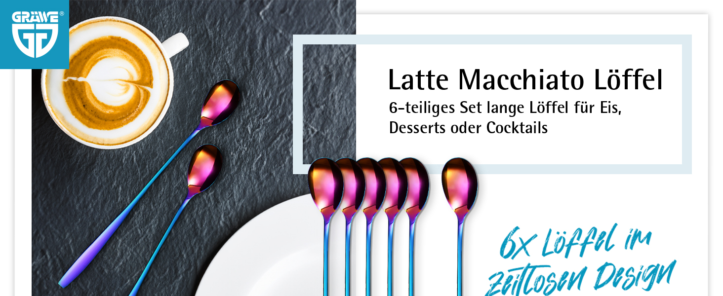 Ложка для Еспресо та Латте-Макіято Gräwe з нержавіючої сталі, довга, для кави, десертів та холодного чаю, миється в посудомийній машині, кольори (Райдуга)