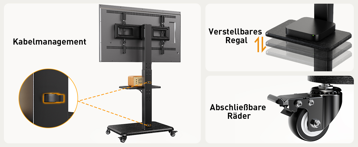 Підставка для телевізора Perlegear на колесах, 32-75 дюймів, до 50 кг, регульована висота, поворотна, нахилена, з підсвічуванням, VESA 600x400mm, PGTVMC27