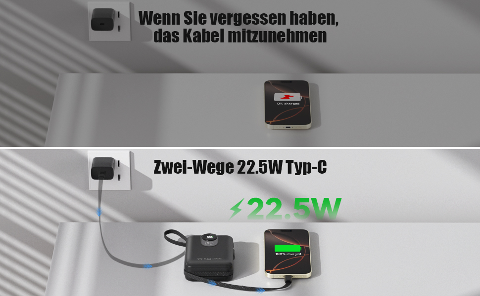 Power Bank 20000mAh з інтегрованим кабелем: швидка зарядка 22.5W, USB C (вхід та вихід), акумулятор для телефону, повербанк з 4 виходами та 2 входами, білий/чорний