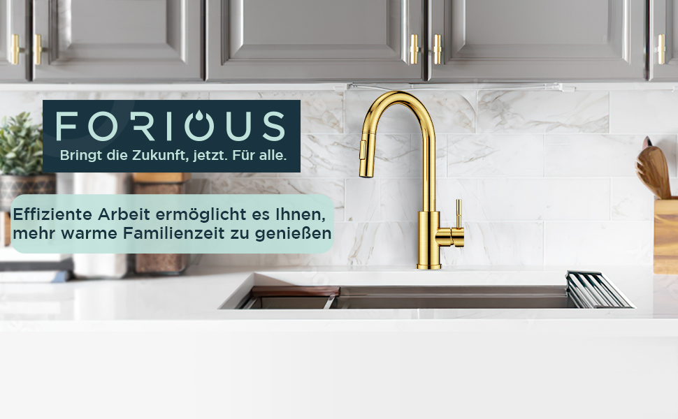 Кран кухонний FORIOUS, Чорний, з висувною лійкою, поворотний на 360°, з покриттям Gold