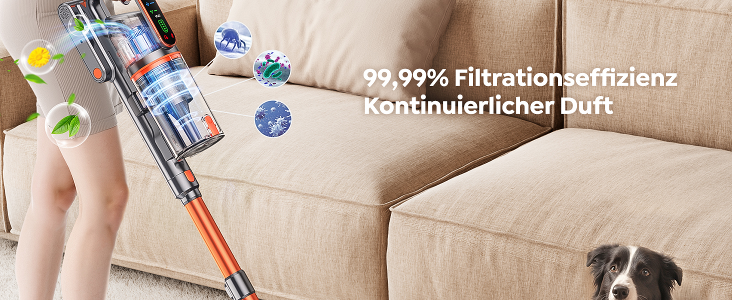 Бездротовий пилосос Fieety з акумулятором, 600W, 50kPa, 65 хв роботи, док-станція на стіні, ароматерапія, автоматичний режим, сенсорний дисплей, висувний шланг 1 м для твердих поверхонь, килимів, шерсті тварин та авто