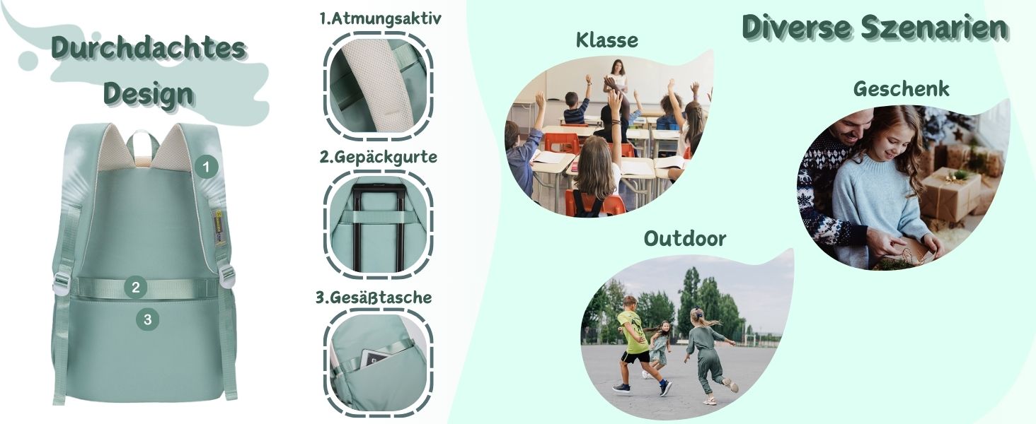 Дитячий рюкзак для школи: водонепроникний, з кількома кишенями, легкий, для дівчаток та хлопчиків (зелений, чорний)