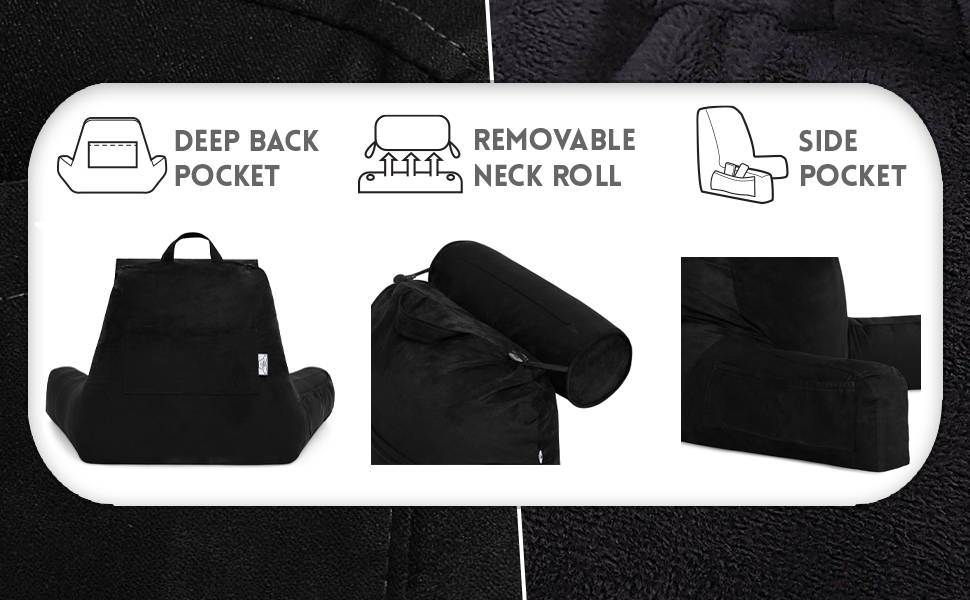 Подушка для чоловіків з підлокітниками - велика, для читання та відпочинку в ліжку. Висока спинка, преміум піна з пам'яті, знімна подушка для шиї на еластичному шнурі. Чорний колір, лише чохол.