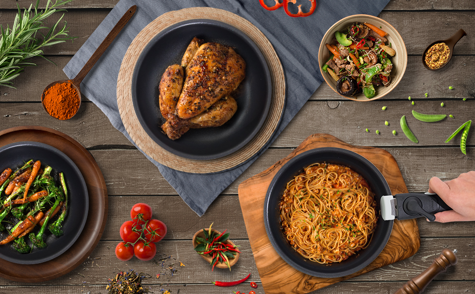 Набір каструль та сковорідок Motase 6 предметів з антипригарним покриттям, знімні ручки, легкий алюміній, підходить для індукційних плит, червоний