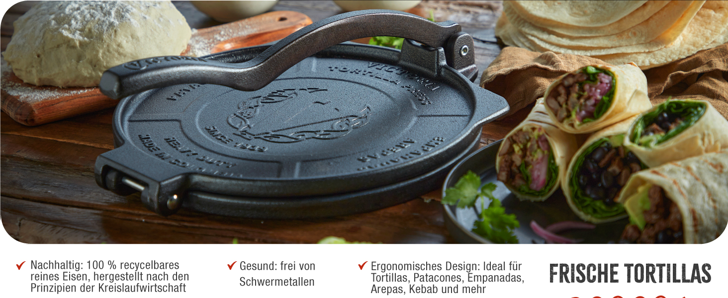 Пресс для тортилій Victoria, чавун HD, 20 см - для мексиканських тортилій, тако, арепа, кесадилья, емпанада, патаконе