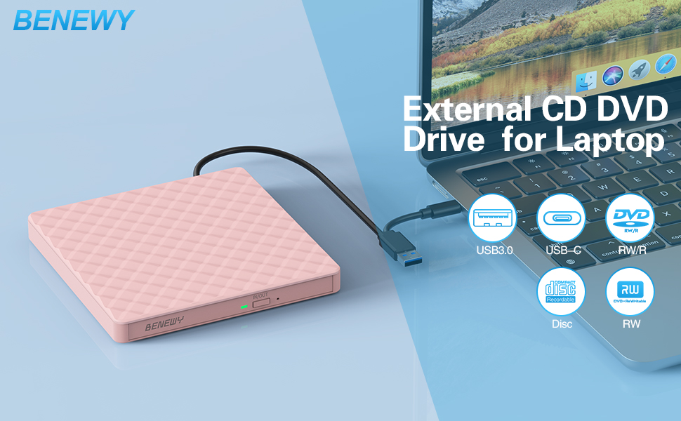 Зовнішній DVD-привід USB 3.0 та USB-C, CD/DVD гравір для ноутбука та ПК (Windows, Mac OS, Linux), Рожевий