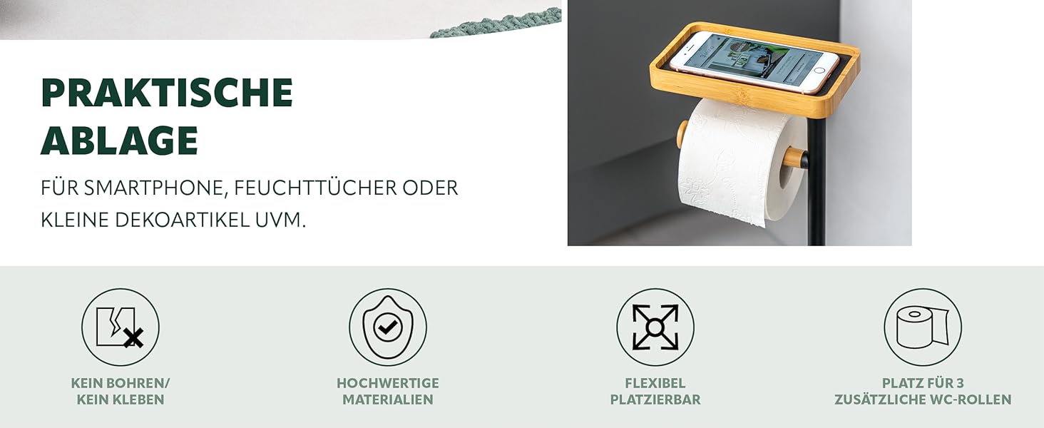 Набір для туалету Eluno 4в1: щітка для унітазу, тримач рулонів, полиця, бамбук/метал (білий)