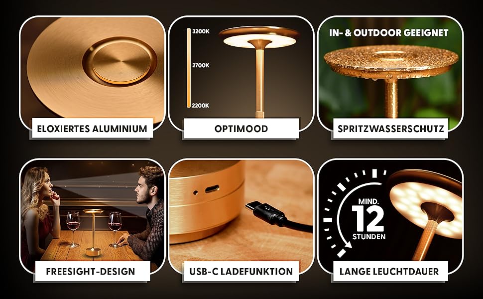 Настільна світлодіодна лампа ELYSIA з акумулятором, диммер, бездротова, сенсорна, IP54 (внутрішнє/зовнішнє), тепле світло (2200K-2700K-3200K), USB-C, алюміній, золота