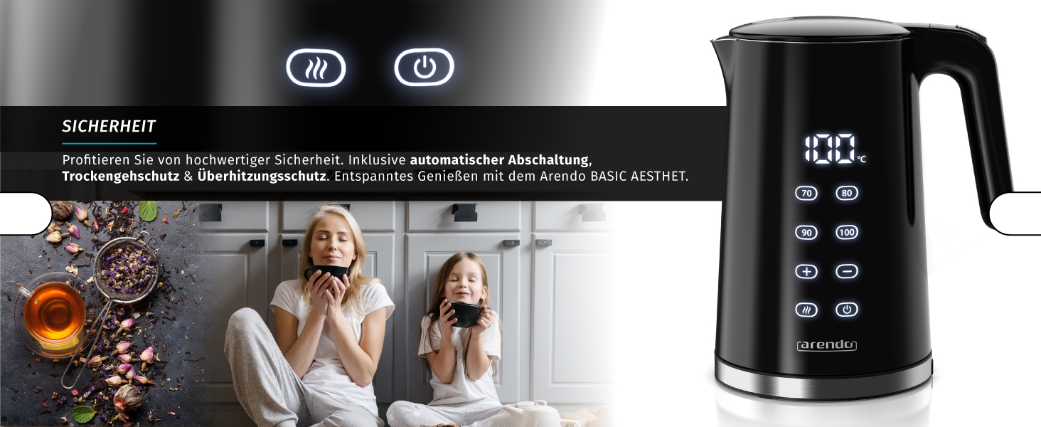 Електричний чайник Arendo з регулюванням температури, нержавіюча сталь, подвійні стінки Cool Touch, дисплей, бездротовий, 2200 Вт, 1,7 л, захист від перегріву, функція підтримання тепла, чорний