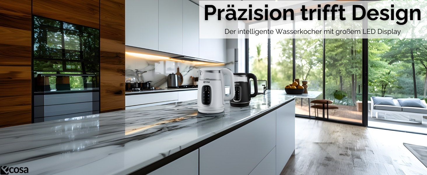 Електрочайник Ecosa® зі скляною колбою та регулюванням температури, 1,7 л, 2200 Вт, не містить BPA, з підігрівом та LED-підсвічуванням (Black Pearl)