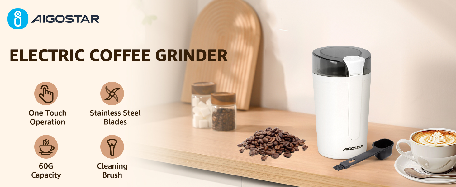 Електрична кавомолка Aigostar Blanche з регулюванням ступеня помелу, BPA Free, 60г, 200W, біла