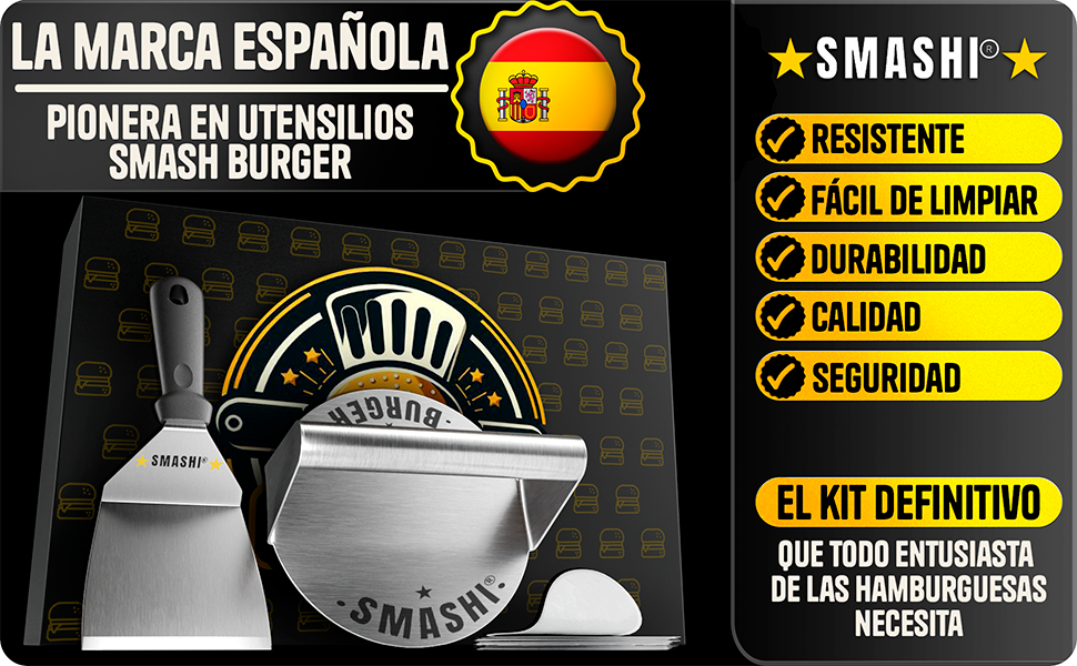 Набір для приготування Smash Burger від SMASHI® з нержавіючої сталі 304 – професійний набір з антипригарною пресом, лопаткою для гриля та дзвоном для бургерів – з рецептами (базовий)