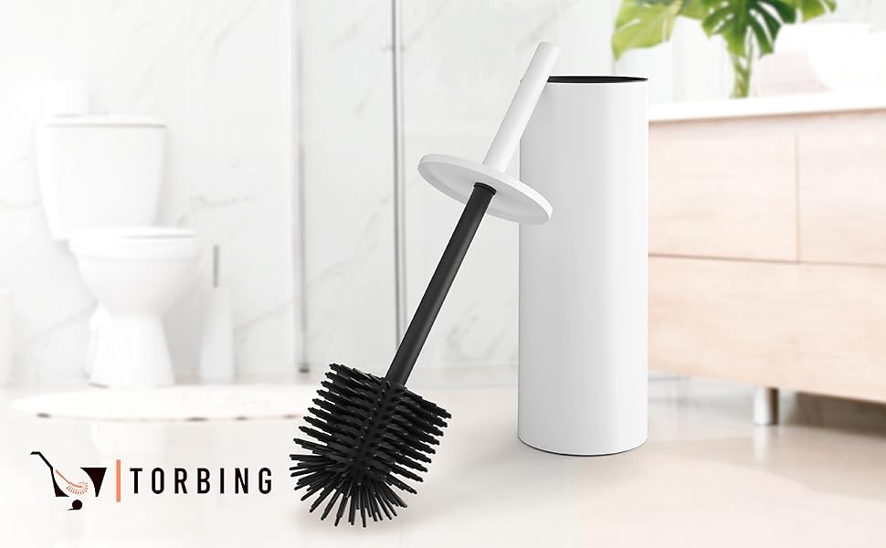 Набір для чищення унітазу TORBING Design з нержавіючої сталі - якісна щітка з закритим тримачем, силіконова щітка з ефектом лотоса, сучасний дизайн, елегантні кольори, подовжений ручка (Матовий перлинний білий)