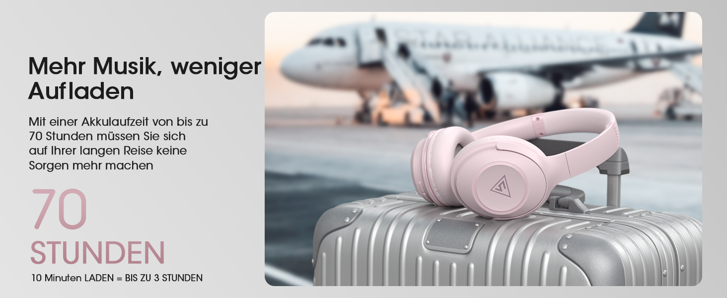 Бездротові навушники DOQAUS Bluetooth з тривалим часом роботи (70 год), Over-Ear, Bluetooth 5.4, Hi-Fi стерео, 3 режими EQ, для подорожей/телефону/ПК (Рожеві)