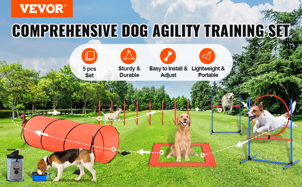 Набір для аджиліті для собак VEVOR: 5 елементів (перешкоди, тунель, кільце, коробка відпочинку, свисток, миска)