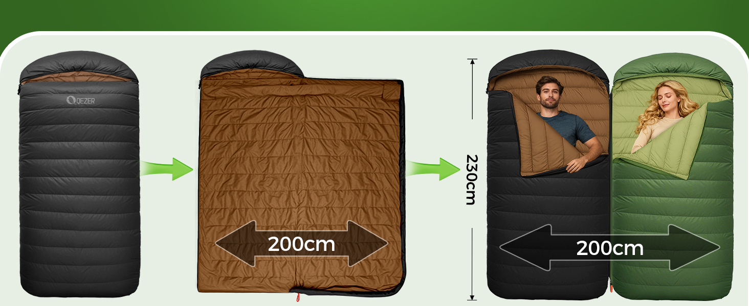 Спальний мішок XXL з пуху 3-4 сезони, 230x100 см, для дорослих, чорний, -3°C | Для кемпінгу, походів, рюкзаків