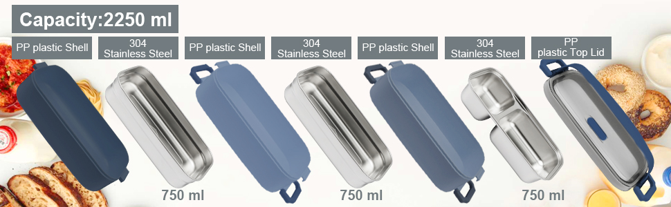 Ланчбокс Brotdose 3-ярусний для дорослих, 2200 мл, бенто-бокс з посудом, 3 відділення, BPA Free, для мікрохвильової печі, бежевий, 19.5 x 11.2 x 15 см