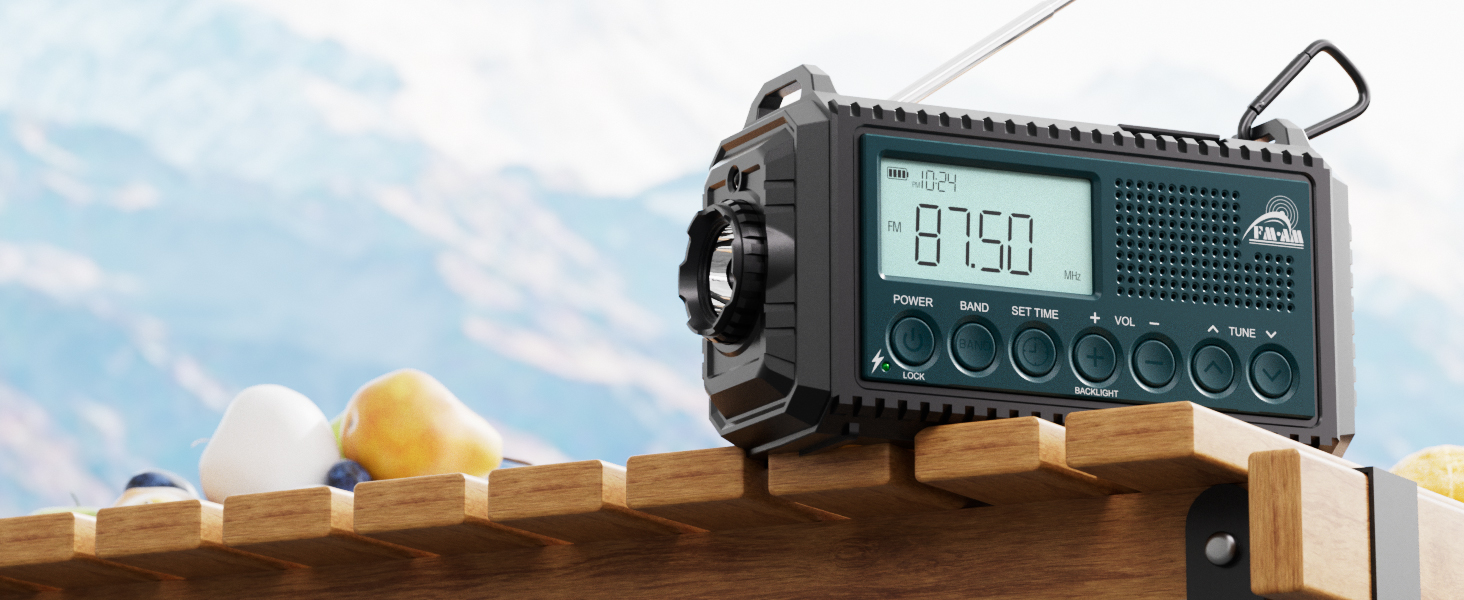 Радіо на ручному привіді AM/FM/SW з акумулятором 12000mAh, ліхтарик та SOS-сигнал, для туризму та кемпінгу, блакитне