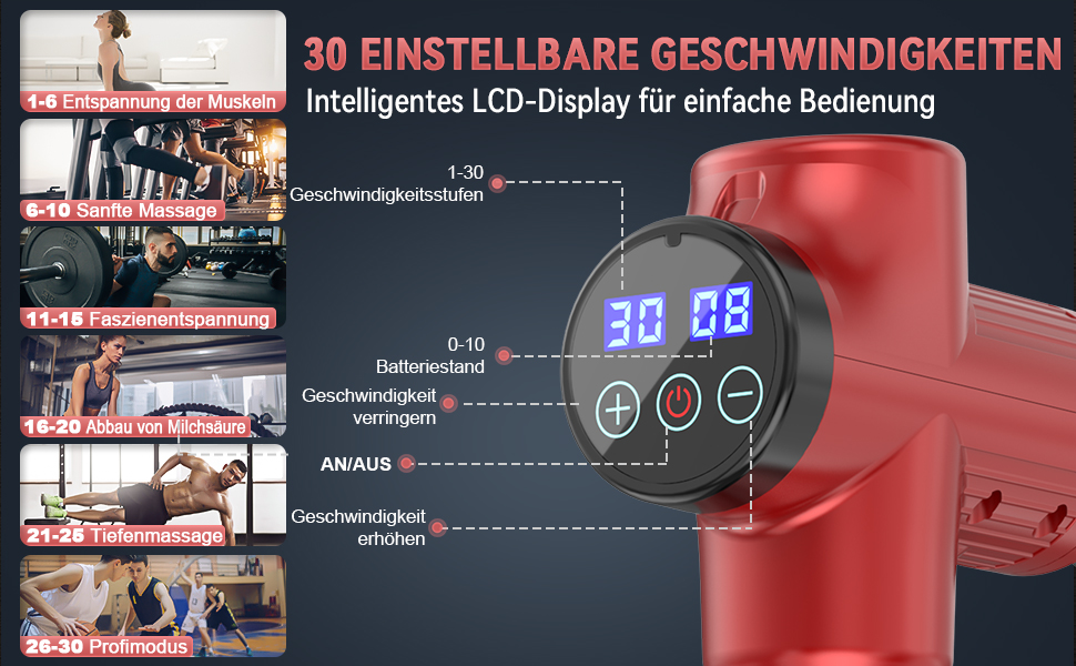 ALDOM Massage Gun - Electric Muscle Massager with 30 Speed Settings & 8 Attachments - Red