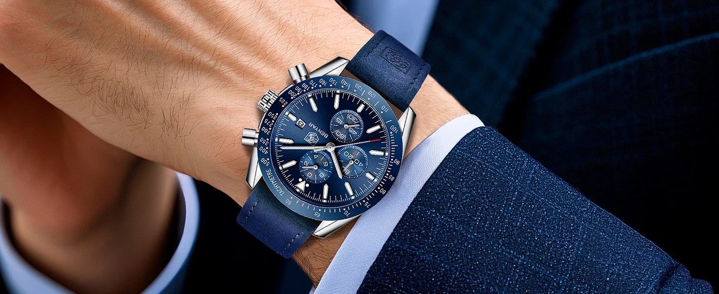 Годинник чоловічий BENYAR Quarz Chronograph з датою, водонепроникний, чорний ремінець/чорне циферблат/сріблясте корпус, для повсякденного та ділового стилю