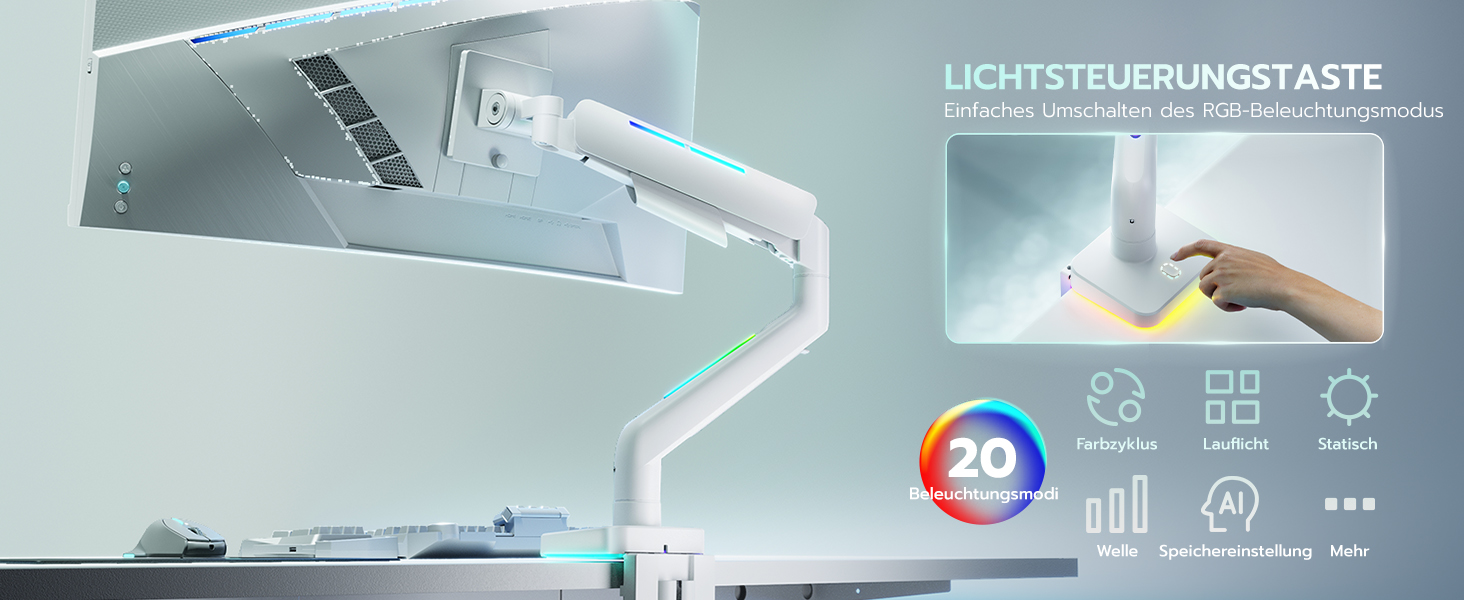 Кріплення для монітора ARES WING RGB - тримач для ігрового монітора, 17-49 дюймів, підходить для важких (20 кг) та вигнутих моніторів, регульована висота, для геймерів (білий)