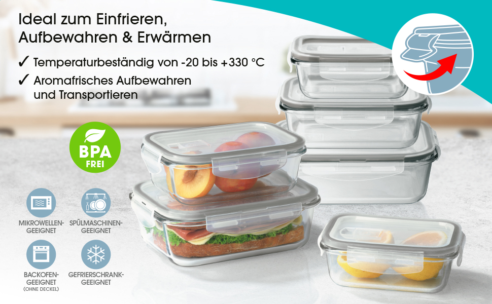 Набір скляних контейнерів GOURMETmaxx Klick-it (6 шт.) для зберігання їжі та Meal Prep | Підходять для мікрохвильовки, морозилки та посудомийної машини | З силіконовою ущільнювальною кільцем, антрацит