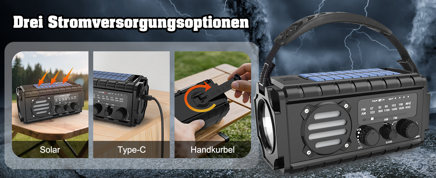 Портативне радіо на сонячній енергії 20000mAh з ручним генератором, AM/FM, LED ліхтарик, SOS-сигнал для надзвичайних ситуацій, Outdoor