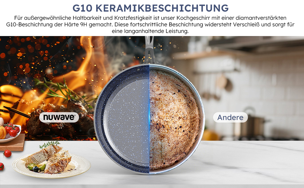 Набір посуду Nuwave G10 Duralon Blue (12 предметів): каструлі, сковороди з антипригарним покриттям, для індукційних плит, безпечний, без PFAS, сірий колір