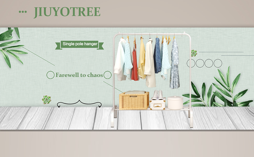 JIUYOTREE металевий стійкий вішак для одягу, білий, з нижньою полицею для пальт, спідниць, сорочок і светрів