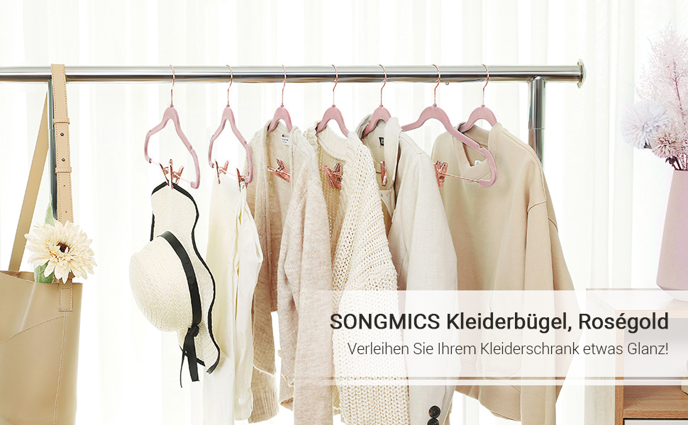 SONGMICS вішалки для штанів та спідниць, 24 шт, 42 см, з регульованими затискачами і золотистими гачками, нековзкі, компактні, для одягу, світло-рожеві