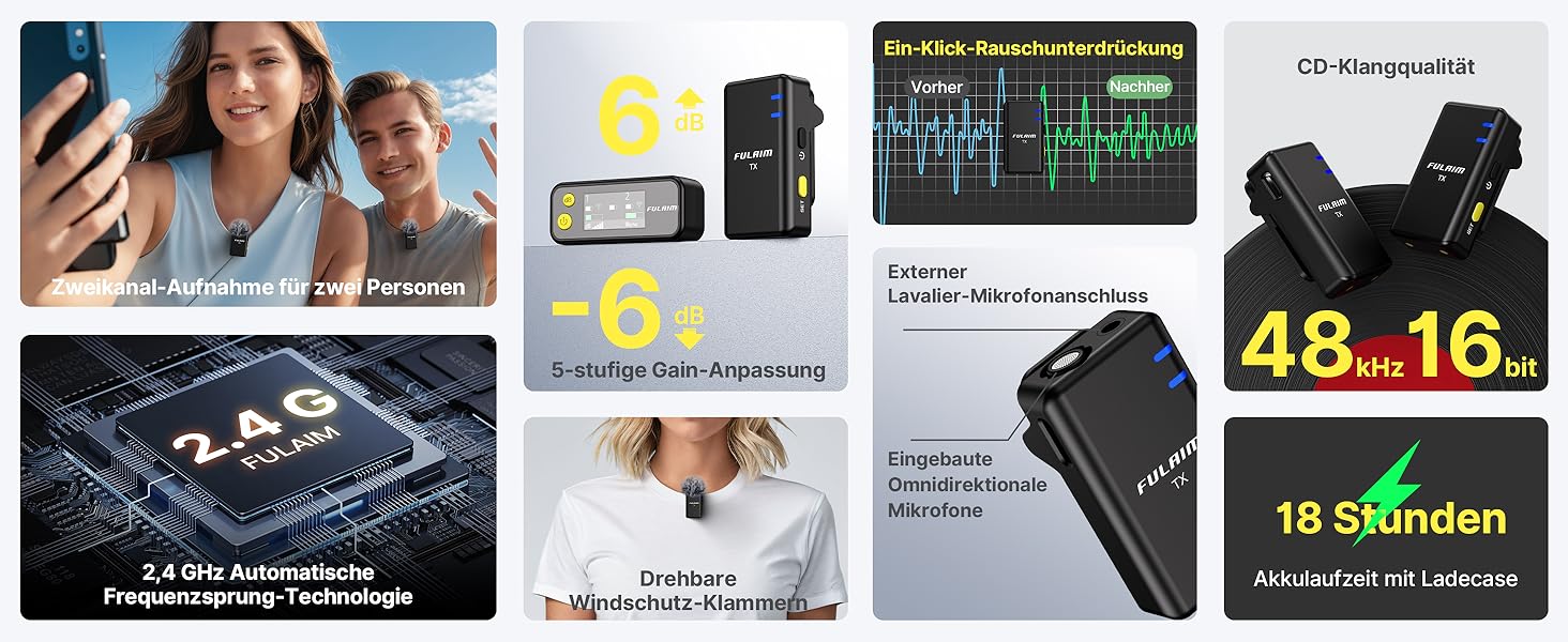 Бездротове петличне мікрофону FULAIM X6S для iPhone, Android, з AI-шумопоглинанням, 48 кГц/24 біт, з кейсом для зарядки та зберігання, для відеозйомки та Vlogging