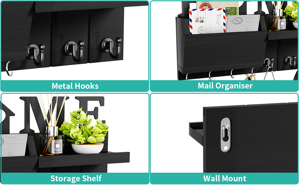 Держатель для ключів HapiRm з декором HOME, дерев'яне ключникове дошка з 7 гачками, з полицею. Підходить для входу, дверей, коридору, спальні, офісу (чорний)