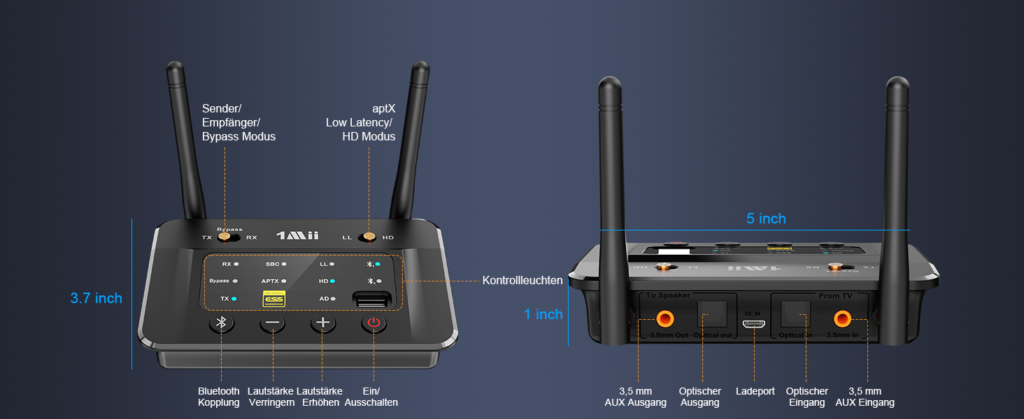 Bluetooth 5.3 трансмітер та ресивер 1Mii B03S для телевізора та стереосистеми