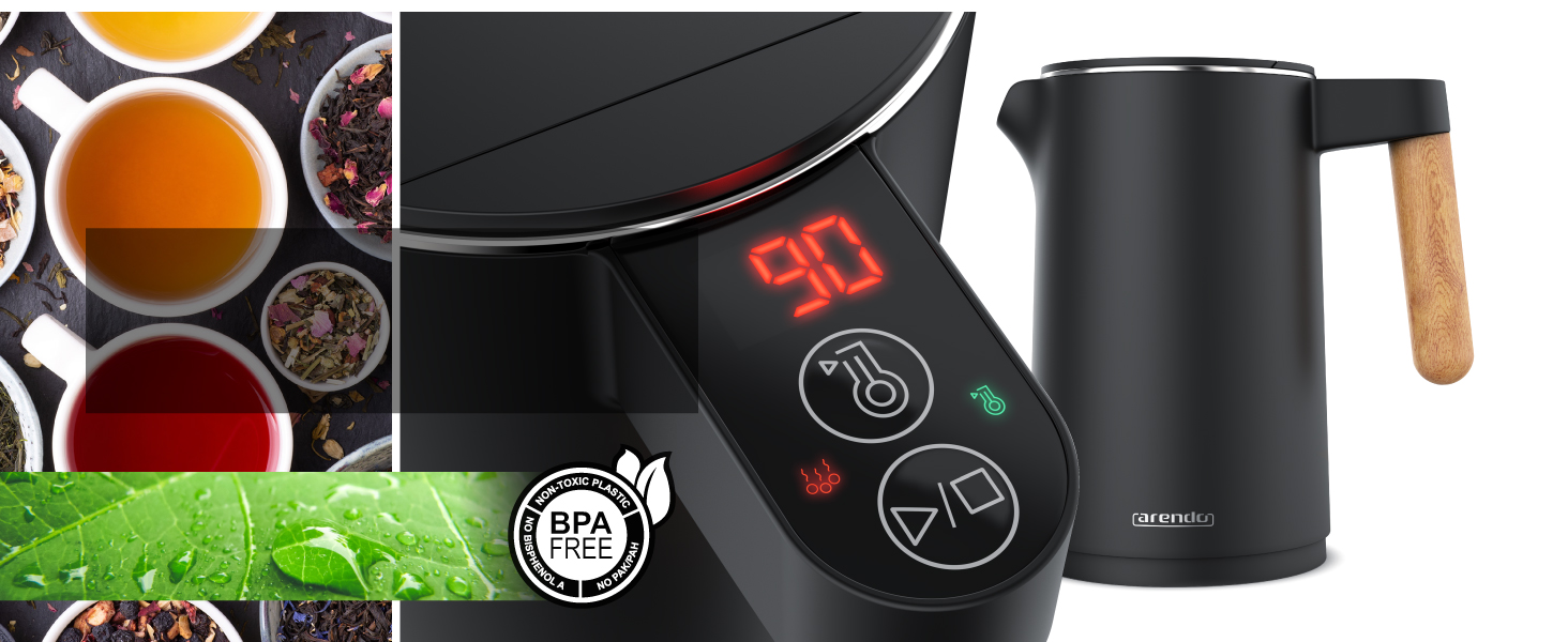 Електричний чайник Arendo з регулюванням температури, 1.5л, нержавіюча сталь, подвійні стінки, BPA Free, функція підтримки тепла, чорний матовий (Set 1)