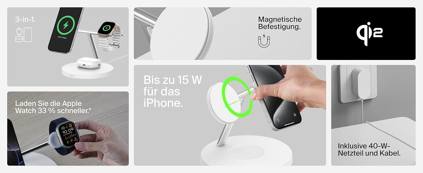Belkin MagSafe 3-в-1 Бездротова Зарядка 15W для iPhone, Apple Watch та AirPods (Біла) - Сумісна з MagSafe/Qi2