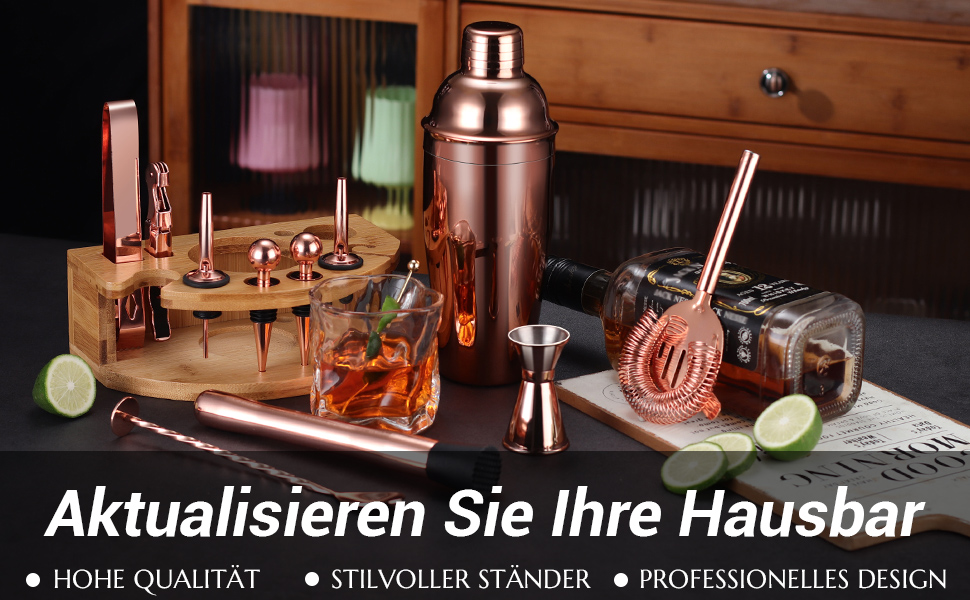Cocktail Shaker Set, 12-Piece Stainless Steel Bar Accessory Set, 750ml Shaker Bartender Set with Stand, Ideal Cocktail Machine Bartender Set for the Home Bar (Rose Gold)