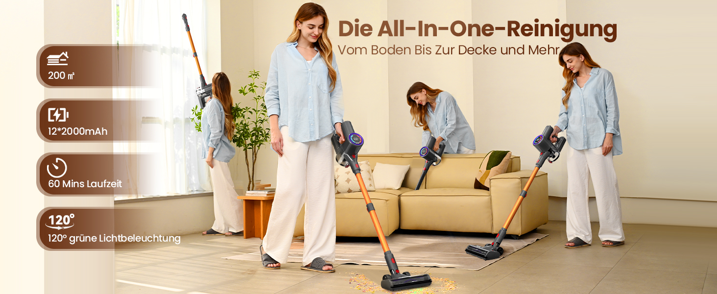 Бездротовий акумуляторний пилосос DP2 з подвійним акумулятором, 45KPa, 60 хвилин роботи, 500W, LED-дисплей, телескопічна труба, вертикальне зберігання, світло GreenEye, ідеальний для шерсті тварин/килимів/твердих підлог, золотий