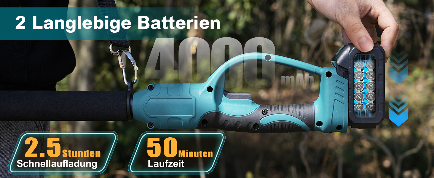 Міні-ланцюгова пила електрична 8 дюймів з 2 акумуляторами 21V 8000mAh, безщітковий двигун 1200W, ручна акумуляторна пила для обрізки гілок та садових робіт (Ceruleanblau)