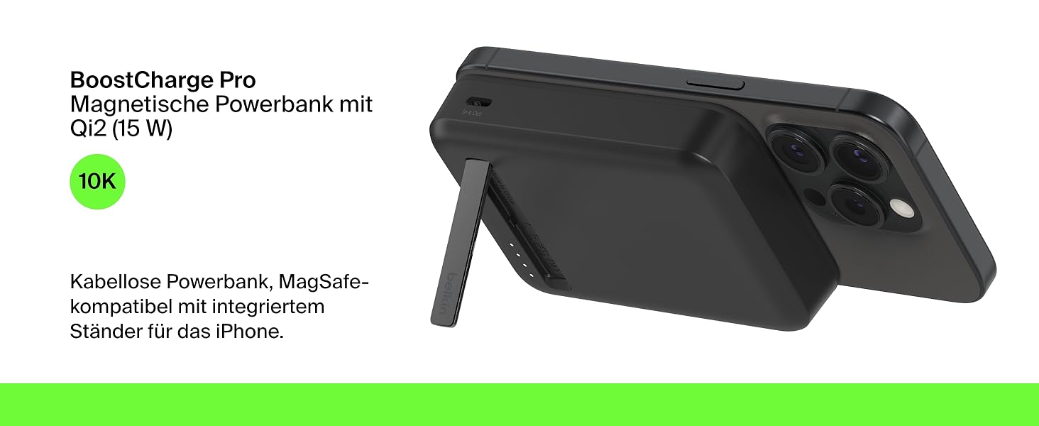 Belkin BoostCharge Pro Powerbank 10000mAh з Qi2 та MagSafe, з вбудованим підсвічуванням, чорний. Сумісний з iPhone 17, iPhone Air, iPhone 16, 15, 14, Pixel та ін.