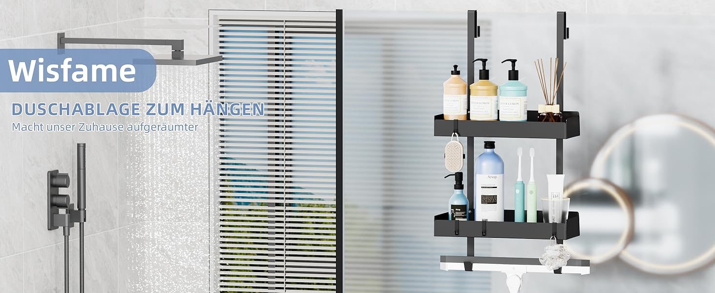 Підставка для душу настінна, полиця для душу з кріпленням для скляних душових кабін, тримач для шампуню в душ, корзина для душу без свердління, чорна з 8 гачками, нержавіюча сталь 65.5x30x11.2 см