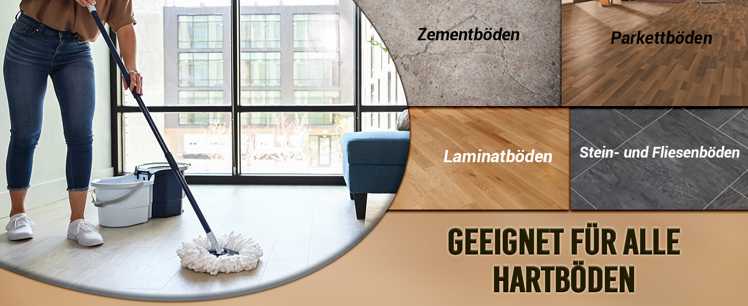 Набір для миття підлоги ARSUK з відром та функцією віджиму – 4 змінні насадки | 360° обертання | Підходить для паркету, плитки та ламінату