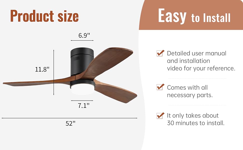 Стеляний вентилятор Sofucor з підсвічуванням, дистанційним керуванням, 3 лопатями з дерева, DC, таймер, 3 колірні температури, 6 швидкостей, режим літо/зима, з підсвічуванням та кріпленням Light+Flush, темне дерево