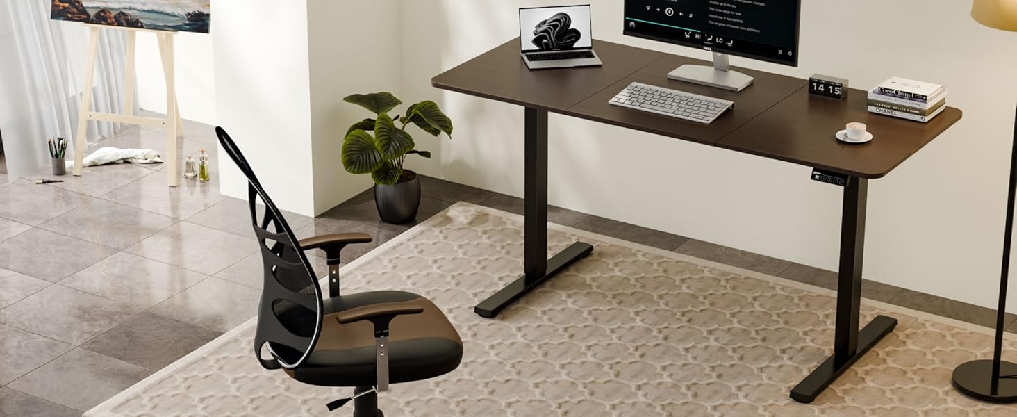 Ergonomaker Electric Height Adjustable Desk - Small Standing Desk with 2-Section Tabletop - Home Office Desk (White Frame + Oak Tabletop) - 140 x 60 cm