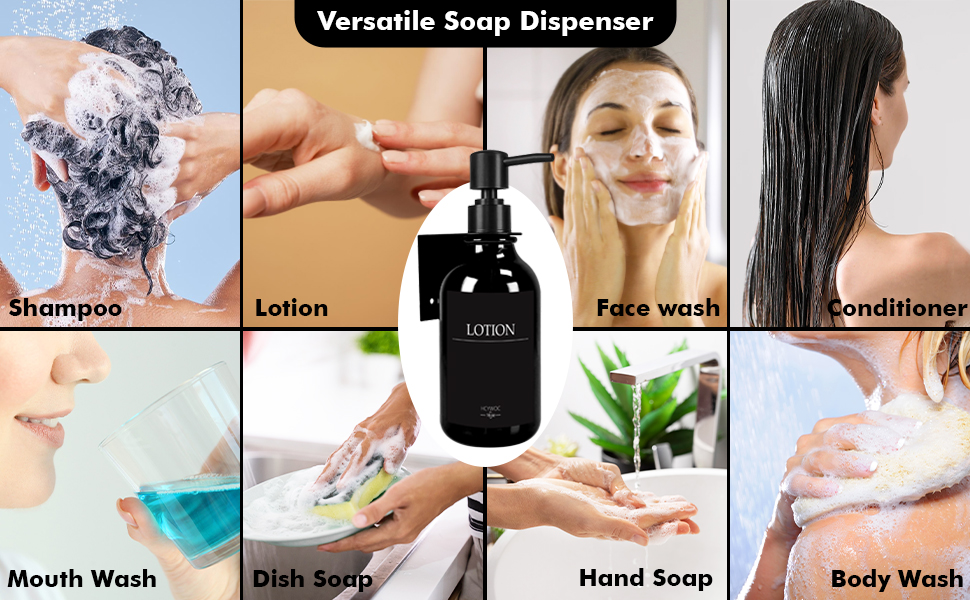 Набір дозаторів для мила та шампуню на стіну, 500 мл, 3 шт., без свердління, колір бурштиновий (чорна пляшка + чорний насос)