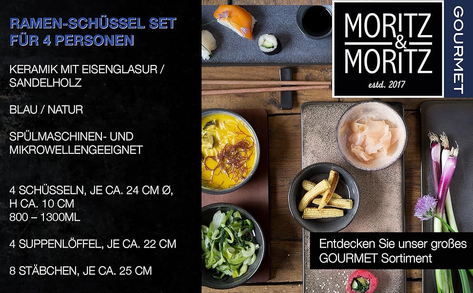 Набір керамічних рамен-мисок Moritz & Moritz SOLID 4 шт., 800–1300 мл, 24 см, сині – для супу, фо та суші, з паличками й ложками, для 4 осіб